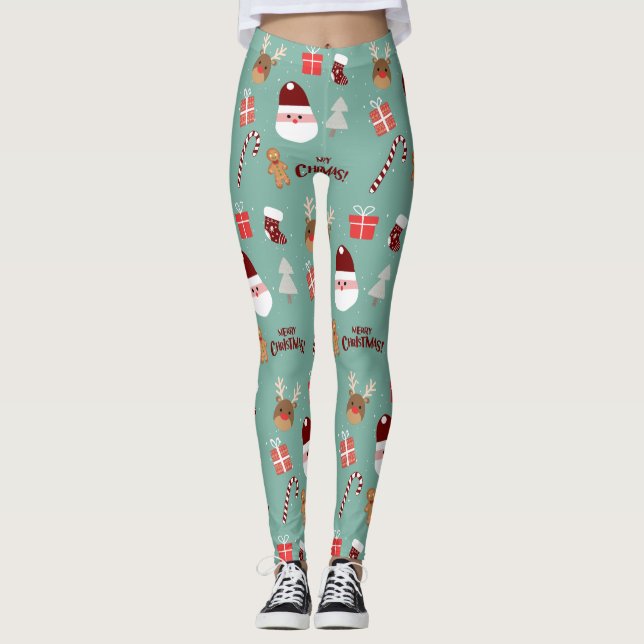 Cute Santa Reindeer Candy Cane Gingerbread Pattern Leggings (Front)