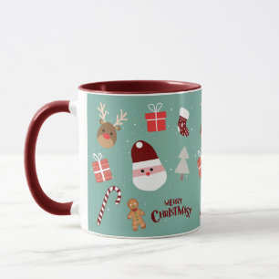 Cute Santa Reindeer Candy Cane Gingerbread Pattern Mug