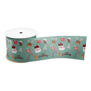 Cute Santa Reindeer Candy Cane Gingerbread Pattern Satin Ribbon