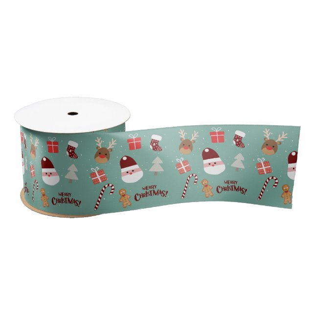 Cute Santa Reindeer Candy Cane Gingerbread Pattern Satin Ribbon (Spool)