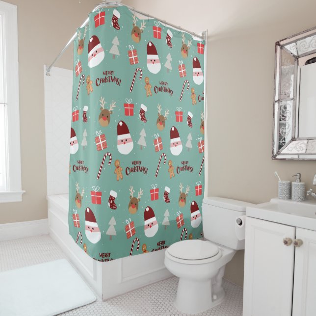 Cute Santa Reindeer Candy Cane Gingerbread Pattern Shower Curtain (In Situ)