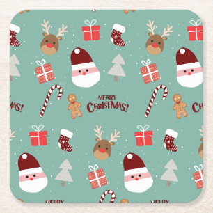 Cute Santa Reindeer Candy Cane Gingerbread Pattern Square Paper Coaster