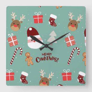 Cute Santa Reindeer Candy Cane Gingerbread Pattern Square Wall Clock