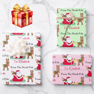 Cute Santa Reindeer Child's Name Christmas 3 Wrapping Paper Sheet