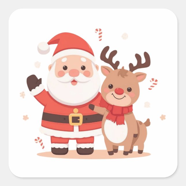 Cute Santa & Reindeer Christmas Sticker (Front)