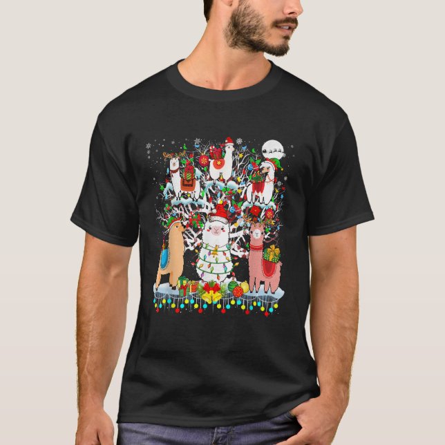Cute Santa Reindeer Elf Llamas On Christmas Tree O T-Shirt (Front)