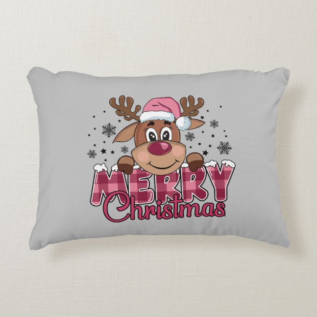 Cute Santa Reindeer Grey Merry Christmas Decorative Cushion (Front)