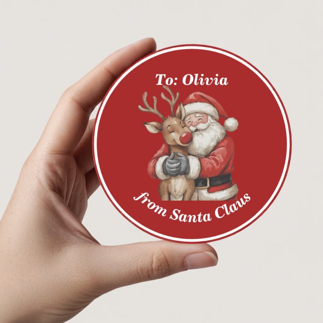 Cute Santa & Reindeer Hug Custom Red Christmas   Classic Round Sticker (Creator Uploaded)