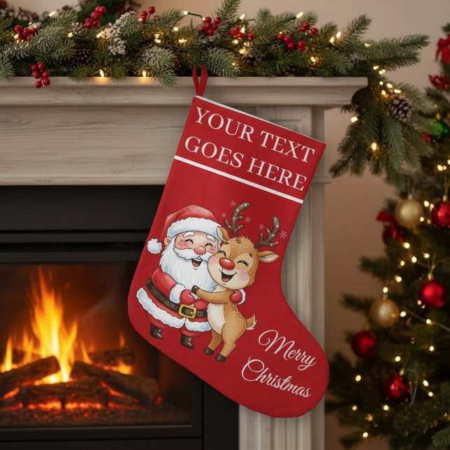 Cute Santa & Reindeer Hugging Personalised  Large Christmas Stocking (Creator Uploaded)