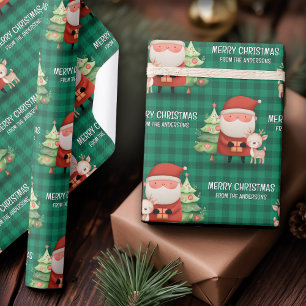 Cute Santa Reindeer Merry Christmas Name Green Wrapping Paper