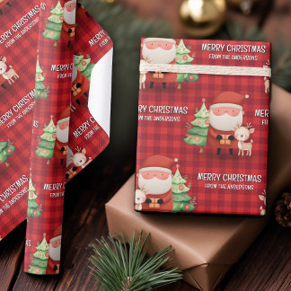 Cute Santa Reindeer Merry Christmas Name Red Wrapping Paper