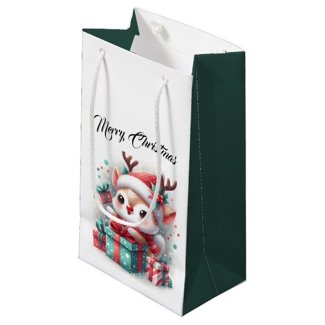 Cute Santa Reindeer Small Gift Bag (Front Angled)