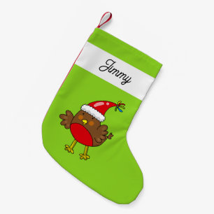 Cute Santa Robin Bird and Custom Name Small Christmas Stocking