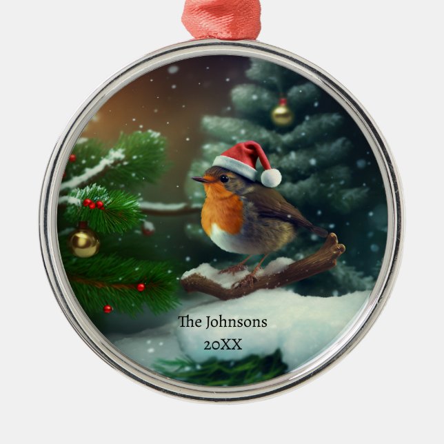 Cute Santa Robin with custom text/textless Metal Tree Decoration (Front)
