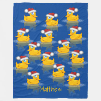 Cute Santa Rubber Ducks On Dark Blue Background Fleece Blanket