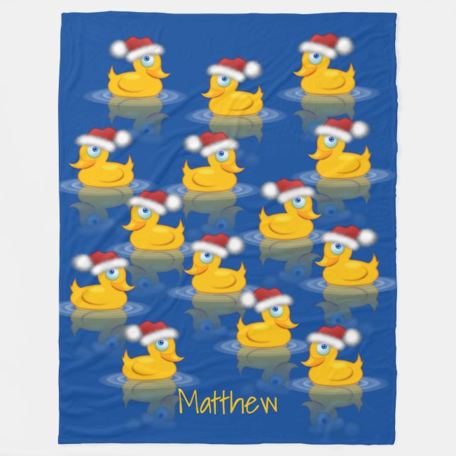 Cute Santa Rubber Ducks On Dark Blue Background Fleece Blanket (Front)