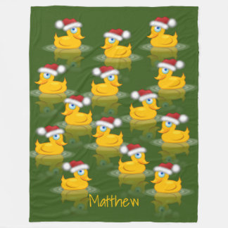 Cute Santa Rubber Ducks On Dark Green Background Fleece Blanket