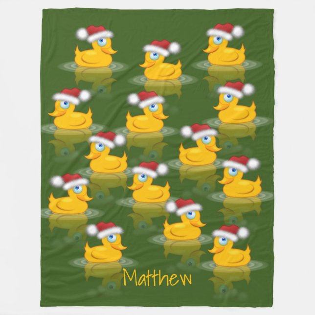 Cute Santa Rubber Ducks On Dark Green Background Fleece Blanket (Front)