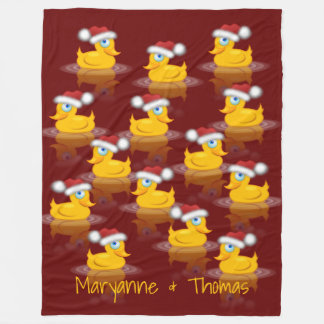 Cute Santa Rubber Ducks On Dark Red Background Fleece Blanket