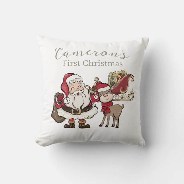 Cute Santa & Rudolph First Christmas Custom Photo Cushion (Front)