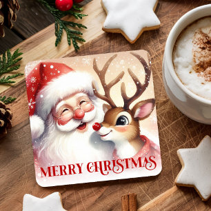 Cute Santa Rudolph Xmas Coaster Watercolor Design