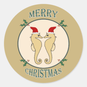 Cute Santa Seahorse Pair Christmas Gold Classic Round Sticker