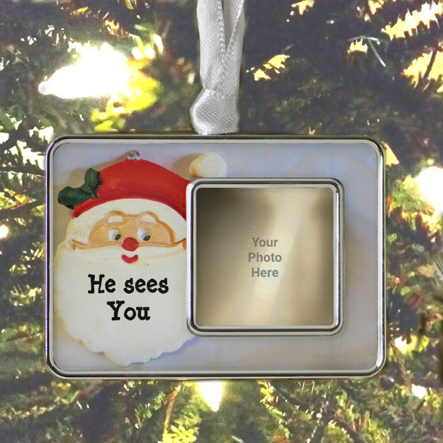 Cute Santa Sees You Personalised Photo Silver Plated Framed Ornament (Creator Uploaded)