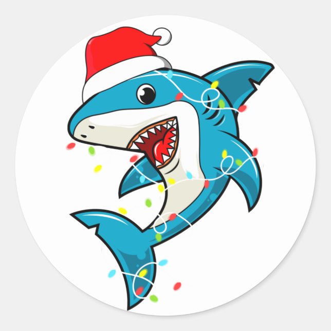 Cute Santa Shark Christmas Lights Classic Round Sticker (Front)
