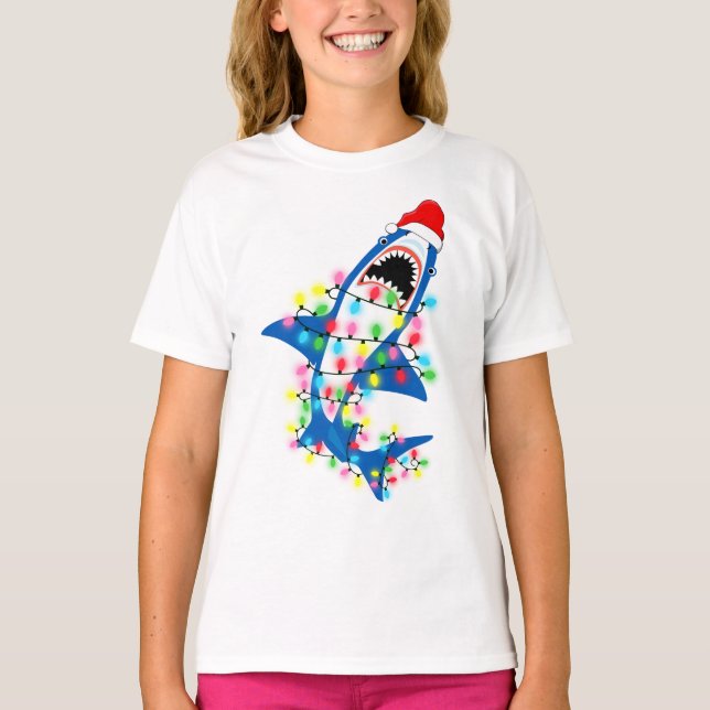 Cute Santa Shark Christmas Lights Girl T-Shirt (Front)