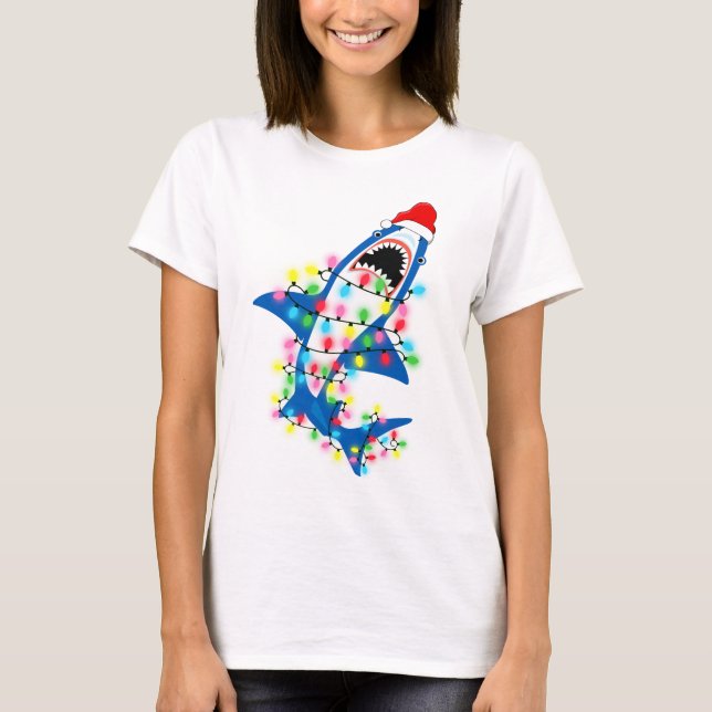 Cute Santa Shark Christmas Lights Women T-Shirt (Front)