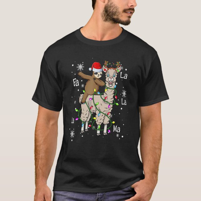 Cute Santa Sloth Riding Llama Christmas Lights Paj T-Shirt (Front)