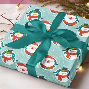 Cute Santa Snowman Aqua Christmas Pattern Wrapping Paper