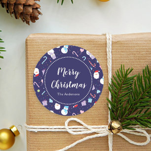 Cute Santa Snowman Candy Cane Christmas Pattern Classic Round Sticker
