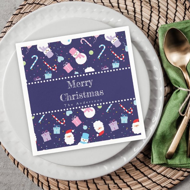 Cute Santa Snowman Candy Cane Christmas Pattern Napkin (Creator Uploaded)
