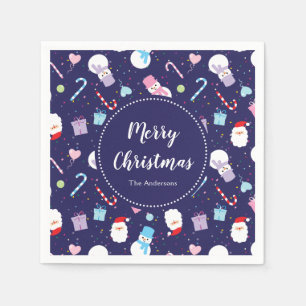 Cute Santa Snowman Candy Cane Christmas Pattern Napkin