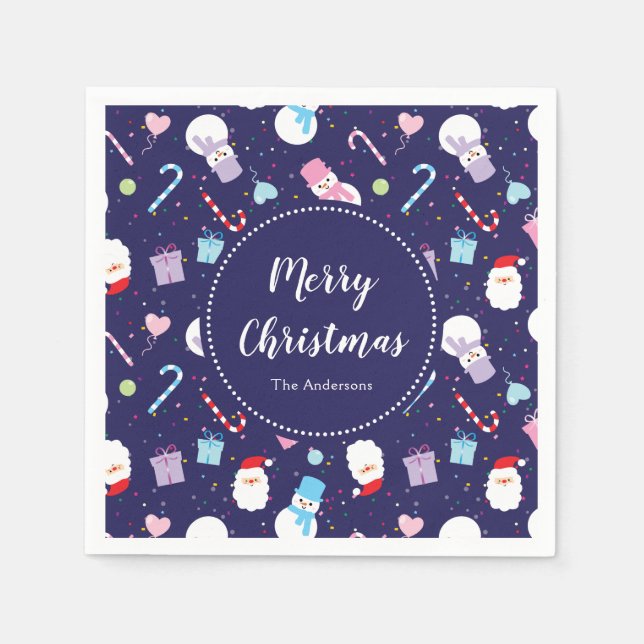 Cute Santa Snowman Candy Cane Christmas Pattern Napkin (Front)