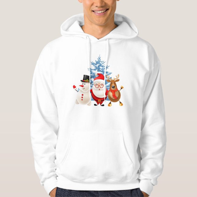 Cute Santa, Snowman & Reindeer Trio – Merry Christ Hoodie (Front)