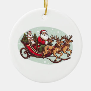 Cute Santa Traveling with Train pulled by the rein Ceramic Tree Decoration