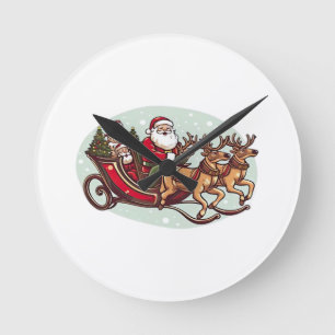 Cute Santa Traveling with Train pulled by the rein Round Clock