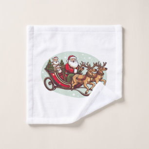 Cute Santa Traveling with Train pulled by the rein Wash Cloth