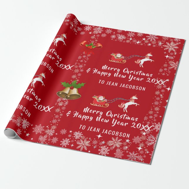 Cute Santa Unicorn Modern Script Holly Personalise Wrapping Paper (Unrolled)