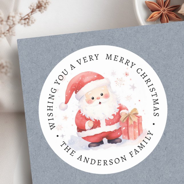Cute Santa watercolor illustration family name Classic Round Sticker (Cute Santa watercolor illustration family name Classic Round Sticker)