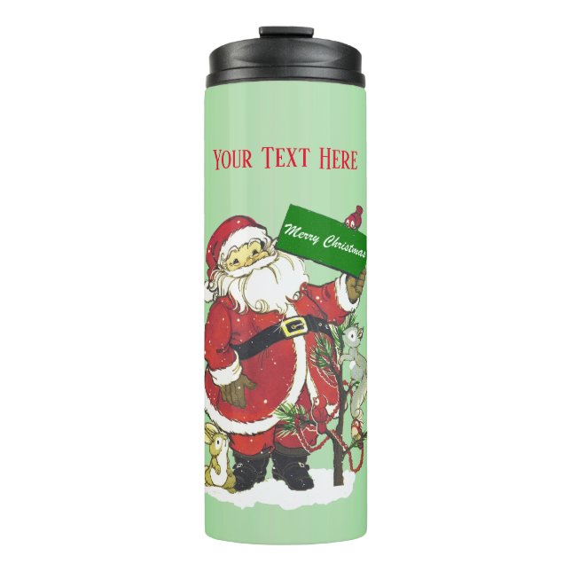Cute Santa With Animals Little Tree Light Green Thermal Tumbler (Front)