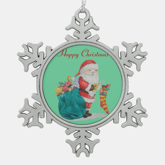 cute santa with green sack for christmas snowflake pewter christmas ornament (Front)