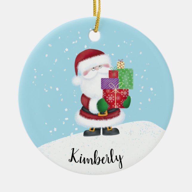 Cute Santa with Name Ceramic Tree Decoration (Front)