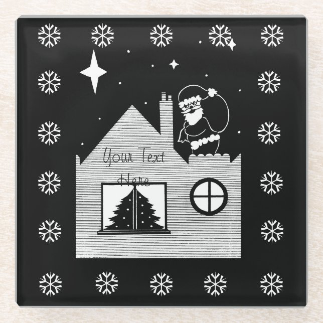 cute santa with sack black and white christmas glass coaster (Front)