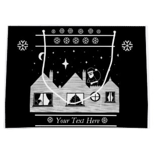 Cute santa with sack on roof black and white art large gift bag