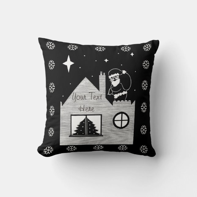 Cute santa with sack on roof black and white cushion (Front)