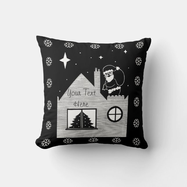 Cute santa with sack on roof black and white cushion (Front)