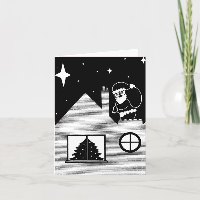 Cute santa with sack on roof black and white holiday card (Front)